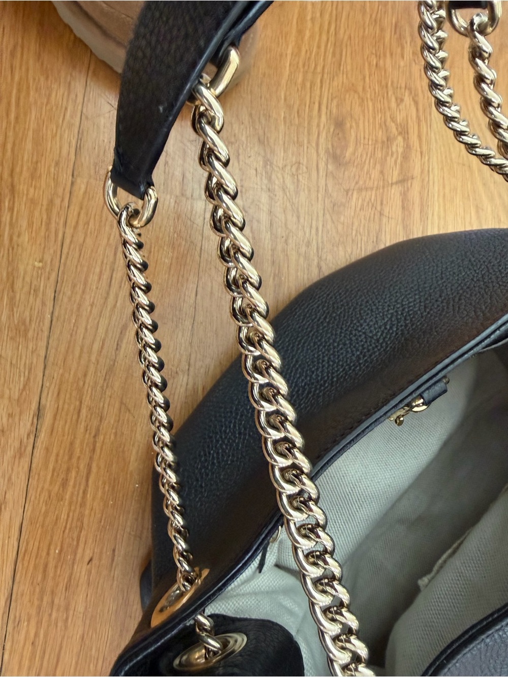 Gucci Black Leather Shoulder Bag with Gold Chain Strap